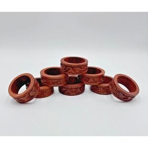 VTG Set of 8 Hand Carved Wood Napkin Rings w/ Floral & Macrame Beads Pattern‎